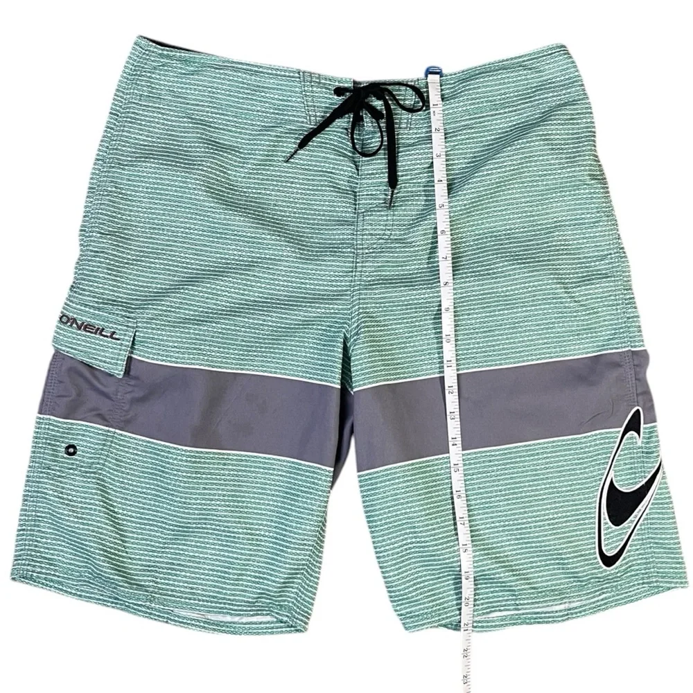 O’Neill Mint Green Gray Striped Board Shorts Men’s Size 34 Surf Swim‎ Beachwear